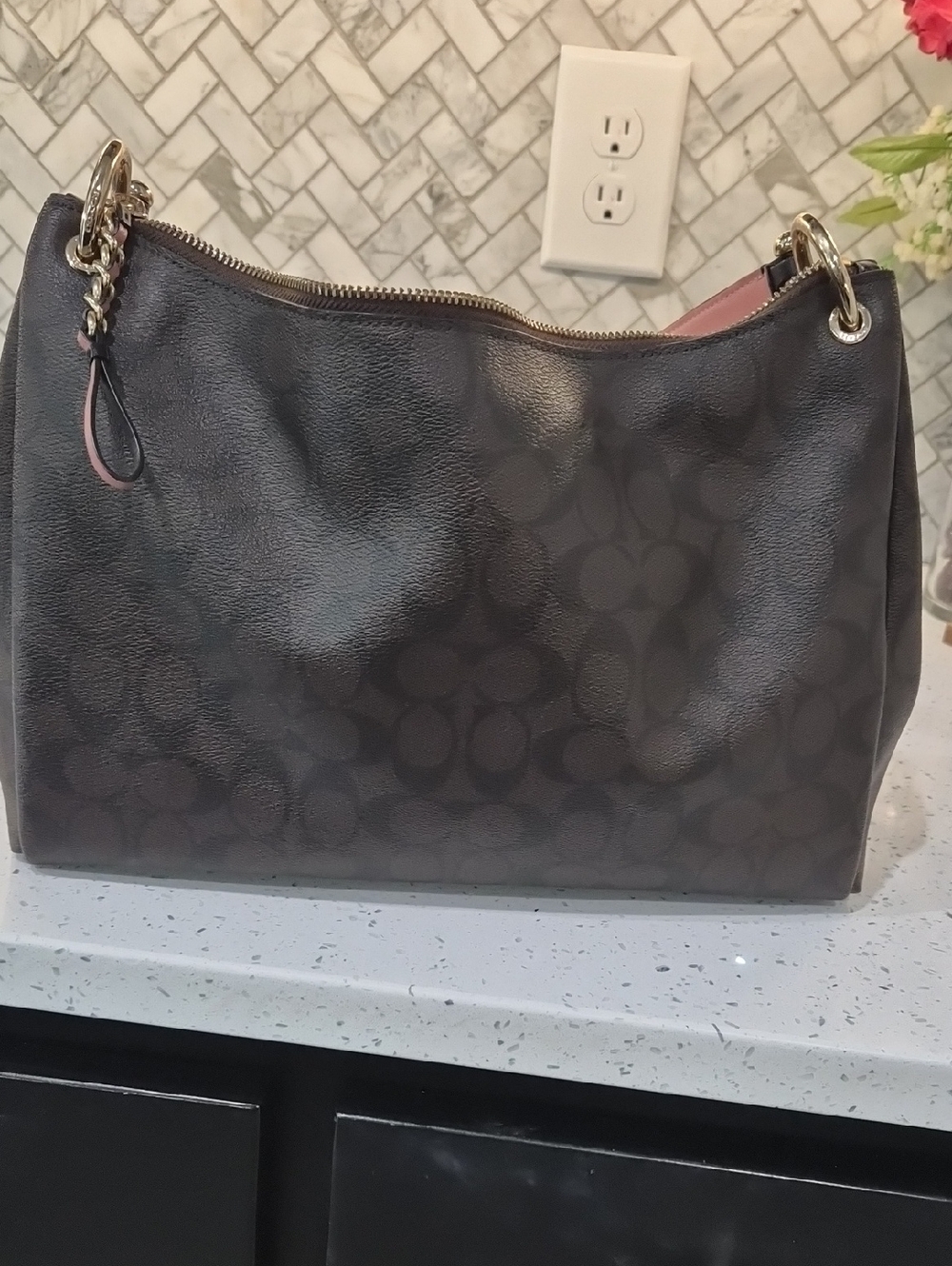 Coach Dark Brown Signature Shoulder Bag with Pink Interior